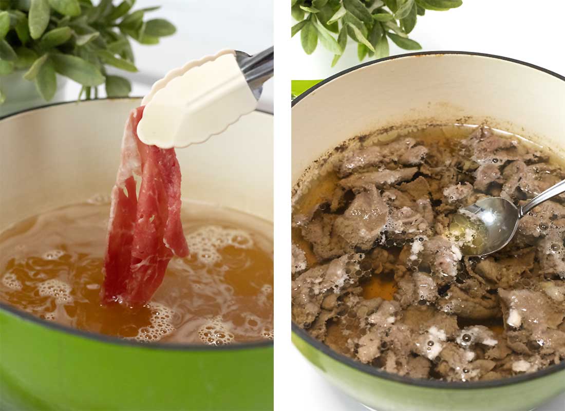 thinly sliced beef is added to a pot filled with broth. Scum is scooped from surface of beef broth