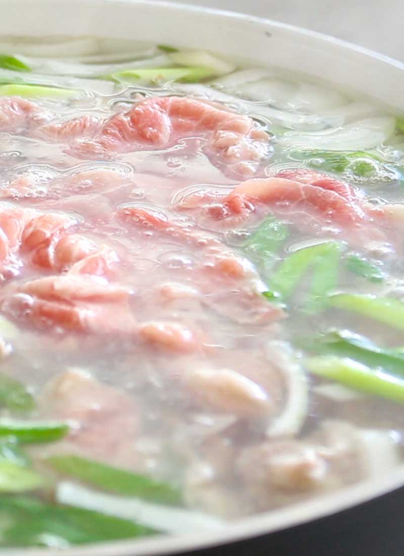 Pork, green onion, white onion, carrots and potatoes boiling in a pot of water.