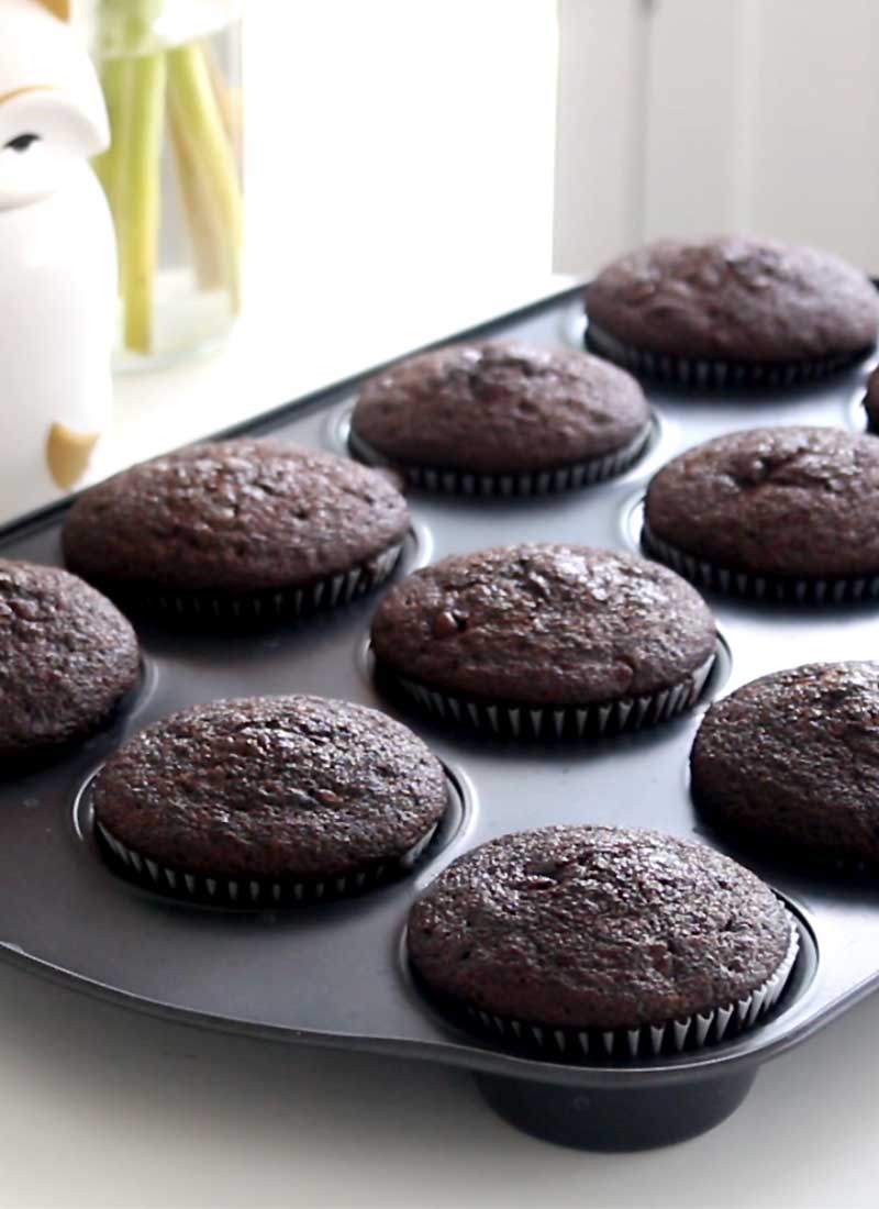 plain chocolate cupcakes in a cupcake pan