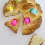 A bird's eye view of the bread ring, which has been sliced.