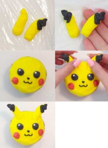The final 5 steps of decorating a Pikachu cupcake.
