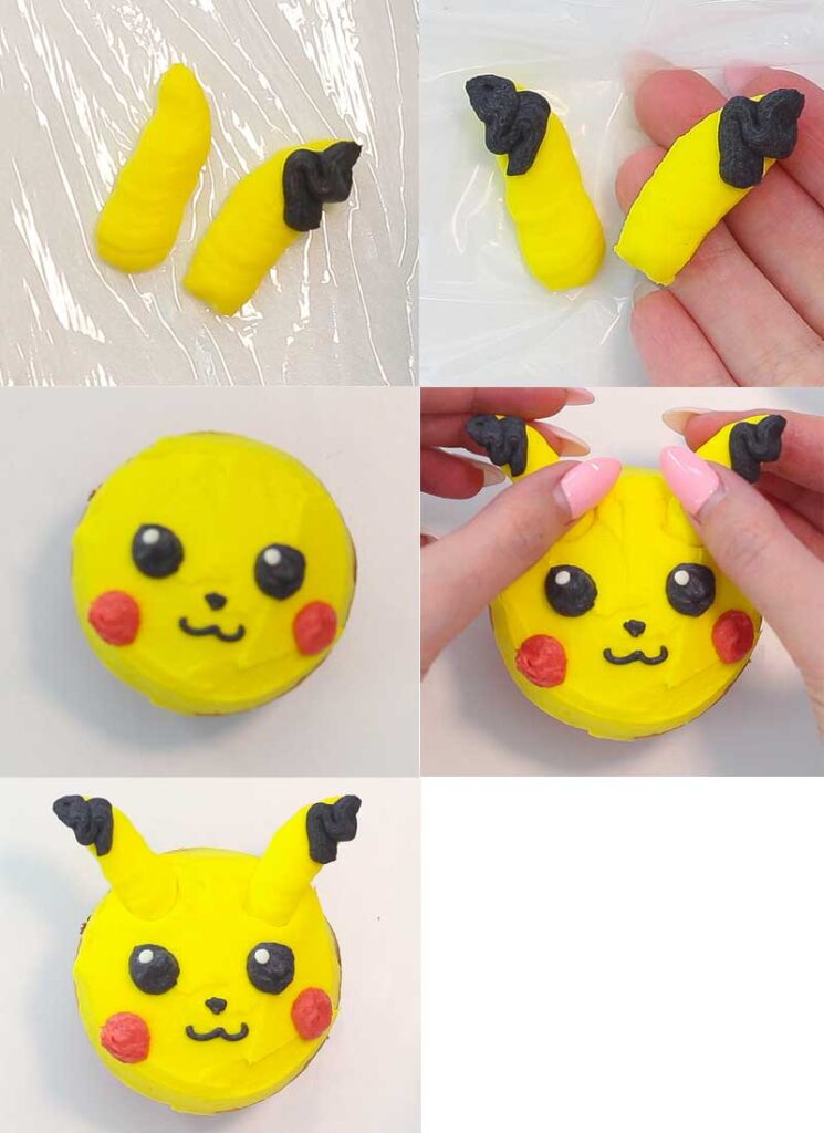 The final 5 steps of decorating a Pikachu cupcake.