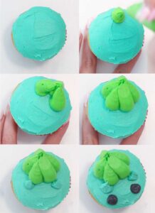 The first 6 steps of how to decorate a Bulbasaur cupcake.