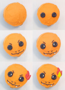 The steps on how to decorate a Charmander cupcake.