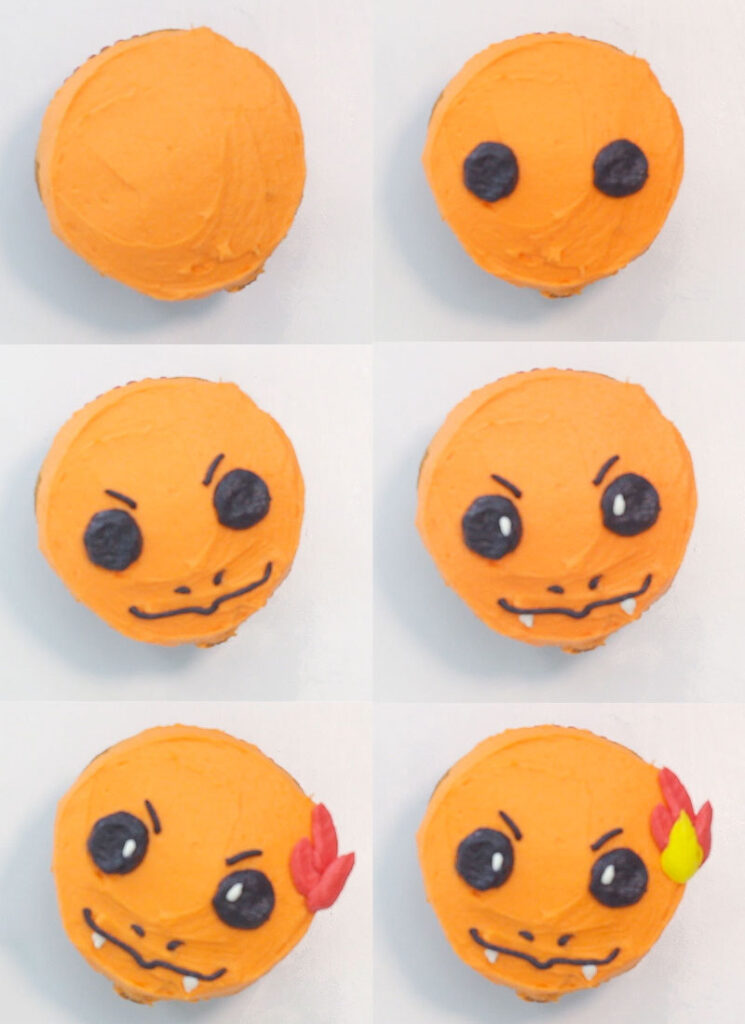 The steps on how to decorate a Charmander cupcake.