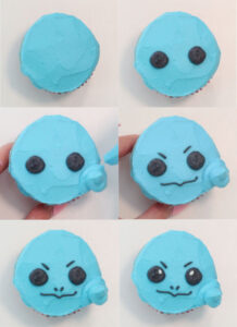 The steps on how to decorate a Squirtle cupcake.