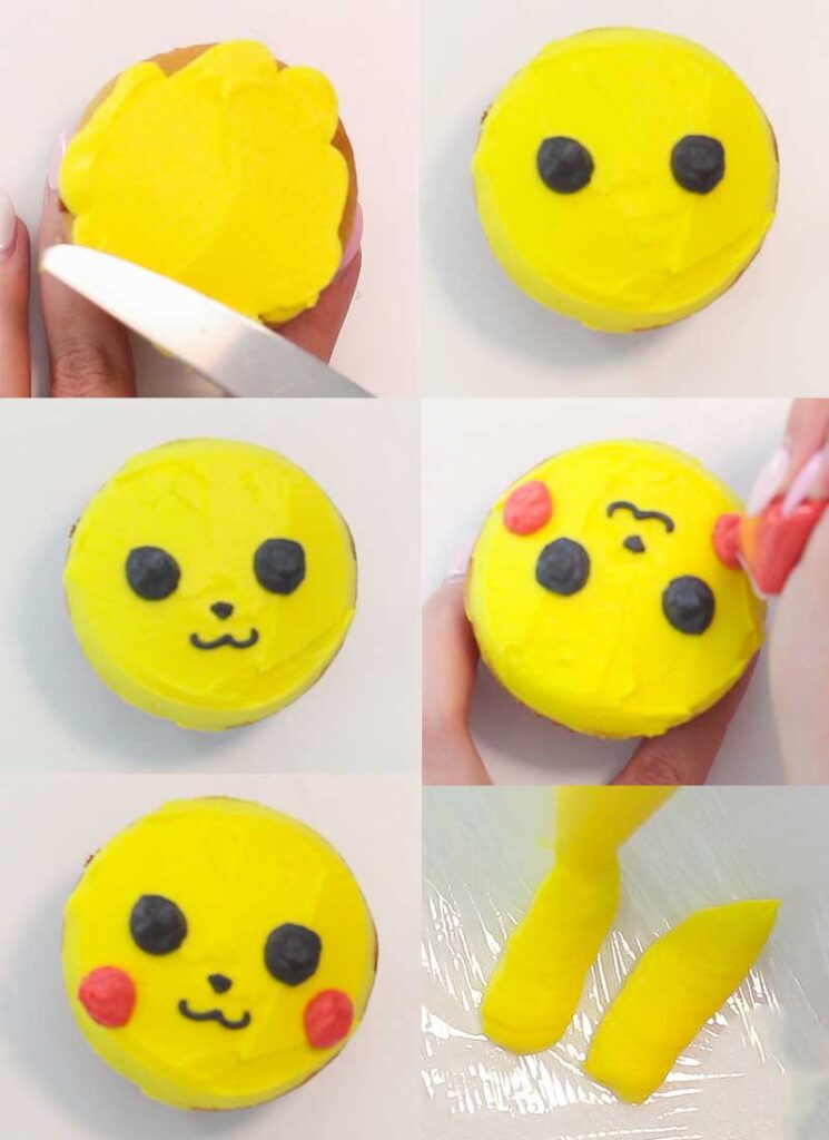 The first 6 steps on decorating a Pikachu cupcake.