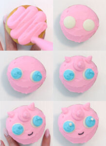 The 6 steps of decorating a Jigglypuff Pokemon cupcake.