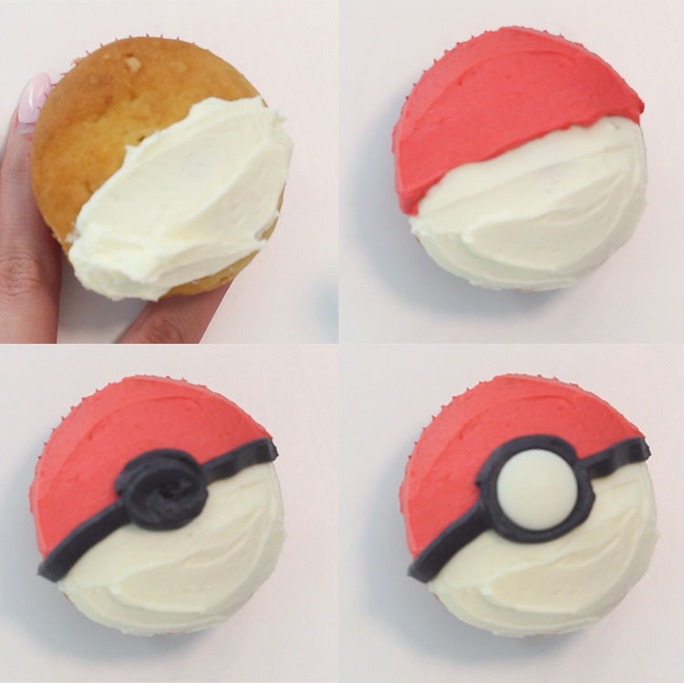 The steps to decorating a cupcake to look like a Pokeball.