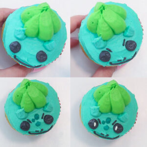 The last 4 steps of decorating a Bulbasaur cupcake.