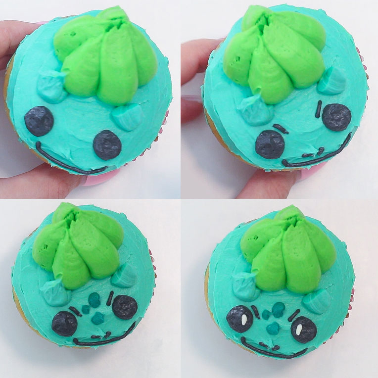 The last 4 steps of decorating a Bulbasaur cupcake.