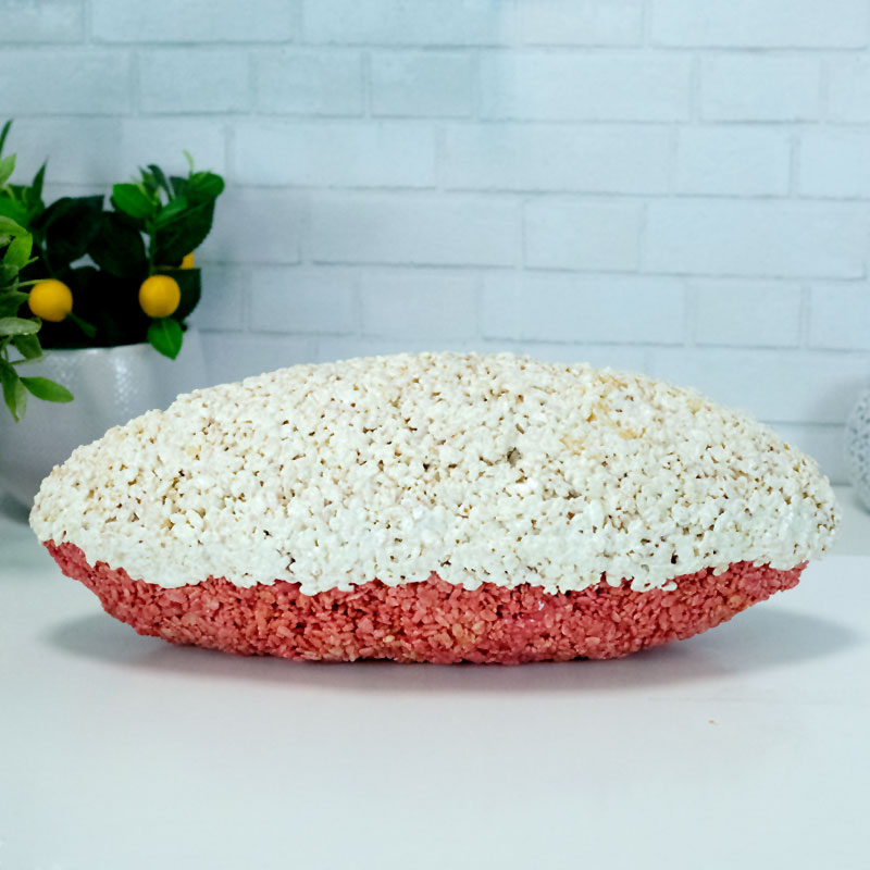 An oval red and white rice krispie treat on a white table with a green plant in the background