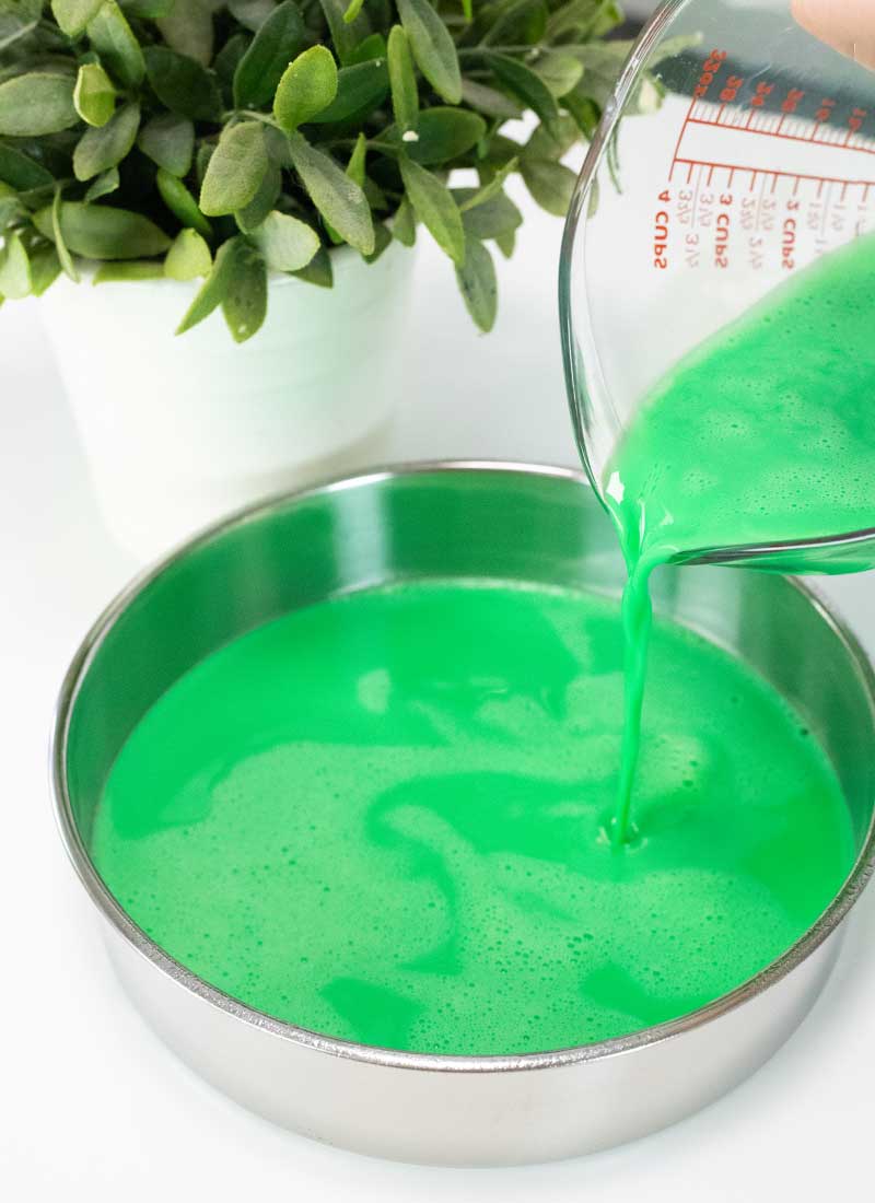 green jello mixture is being poured into a round aluminum cake pan. It is on a white table with a plant