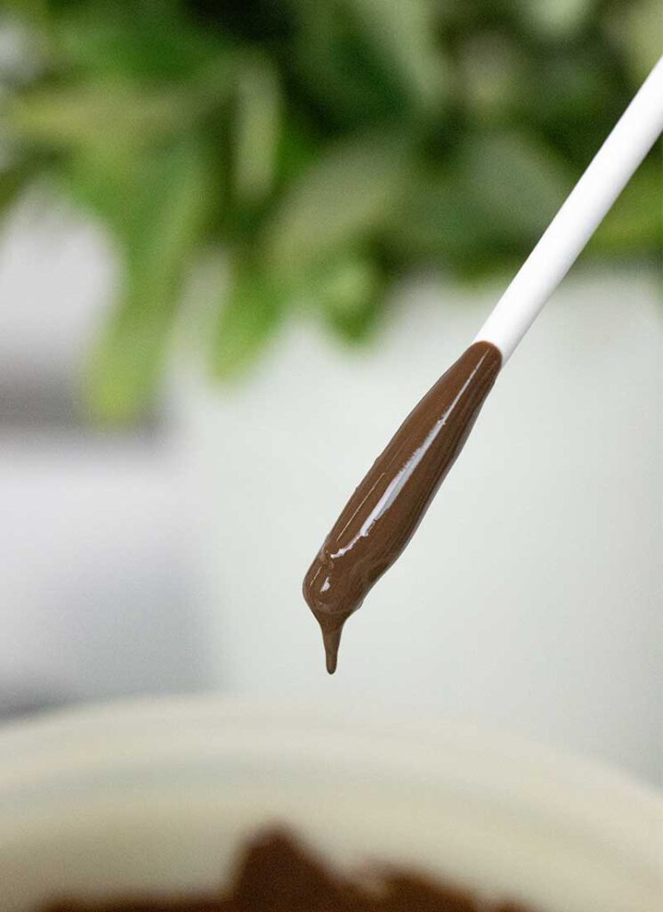 dip lollipop sticks into chocolate