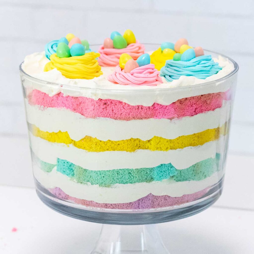 A side view of the Easter trifle, with all four layers of cake and cream.