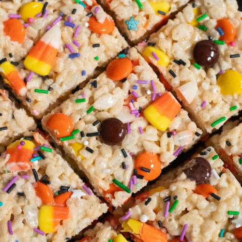 A close up view of finished Halloween rice krispie squares.
