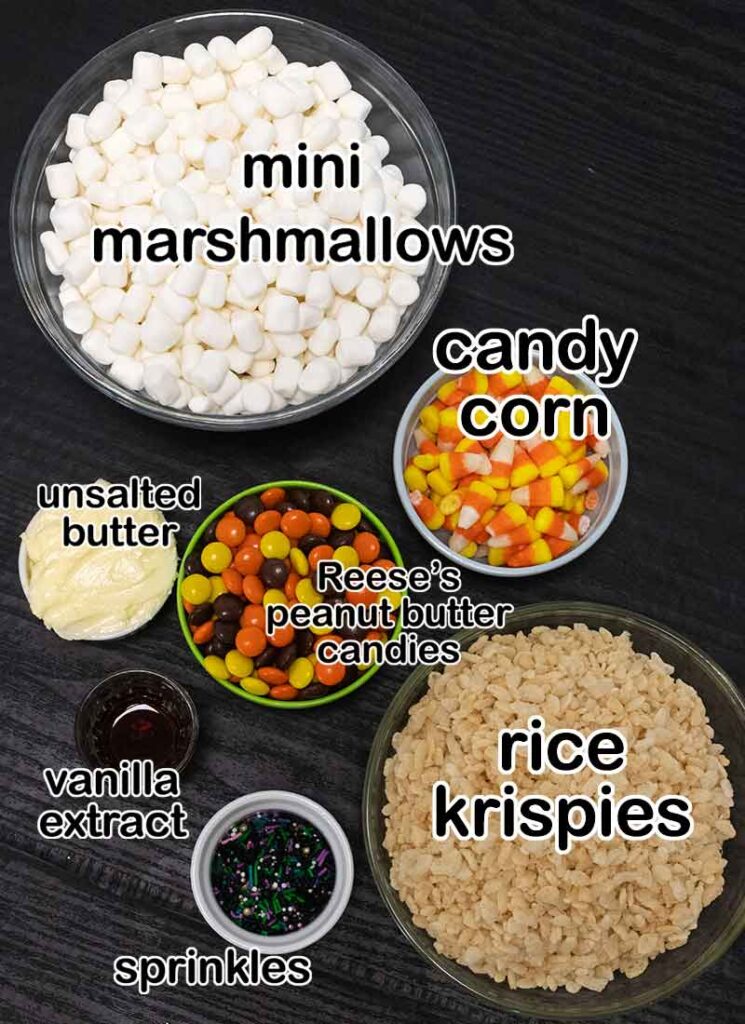 A top down view of the ingredients to make the Halloween rice crispy treats.